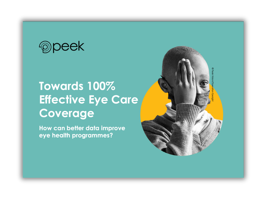 cover of paper entitled 'Towards 100% effective ye care coverage' with a photo of a boy covering his eye for a vision test.
