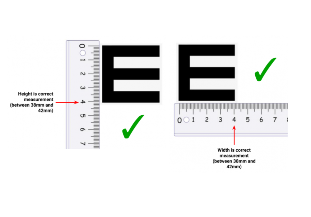 Image shows how to measure the E from the Peek Acuity app with a ruler to ensure both are between 38mm and 42mm.