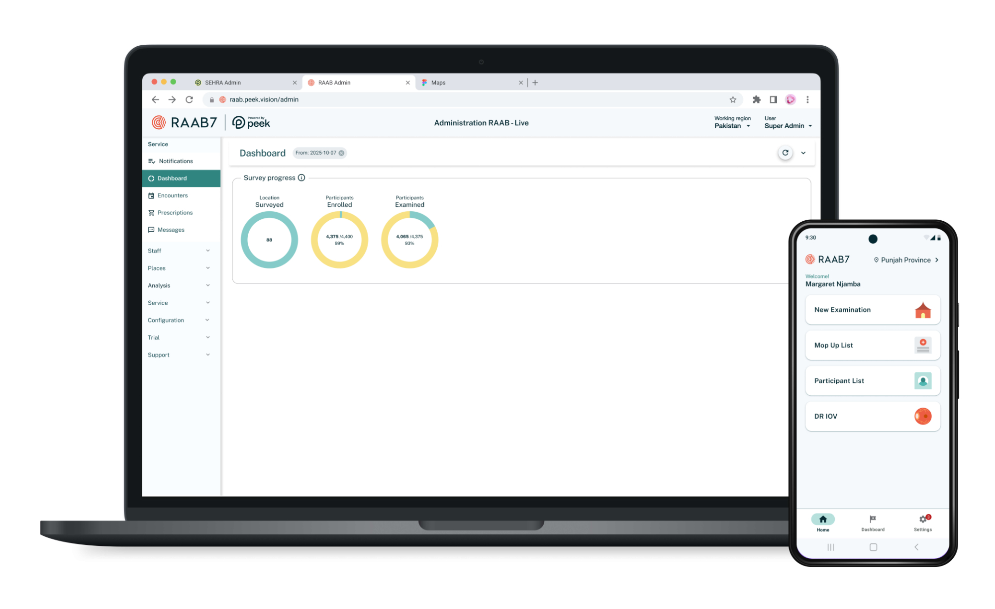 A laptop and smartphone illustration showing screens from the RAAB7 software